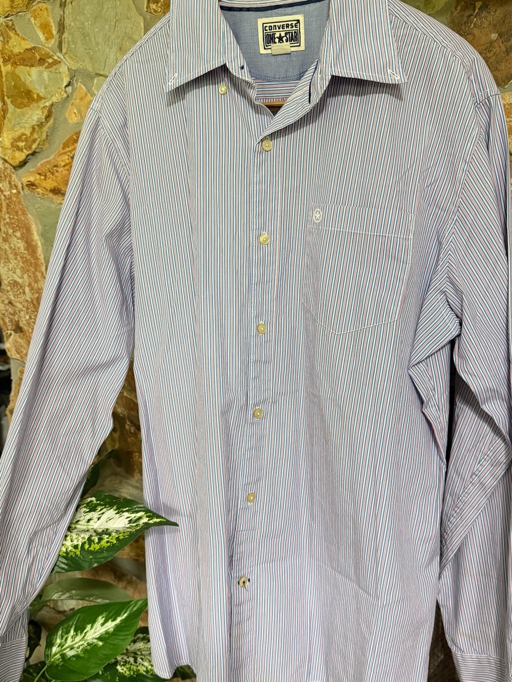 Vintage Converse Men's Blue and Red Stripe Shirt XL